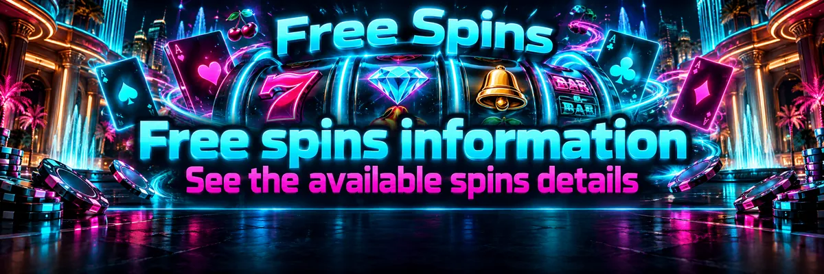 Bright spinning reels and neon card accents introduce free spins information.